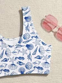 SHEIN 少女款Tankini泳衣，可爱针织面料，海洋生物印花，时尚优雅，休闲保守，适合夏季、游泳、海滩穿着。 - 彩色 - 查看 5