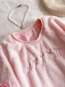 Teen GirlSweatshirt, Pink Long Sleeve With Furry Shoulders, Bow Accents On Neckline And Chest, Fashion Casual Versatile, Suitable For Autumn/Winter Outings And Commuting, Can Be Paired With Jeans Or Sweatpants - Pink - View 4