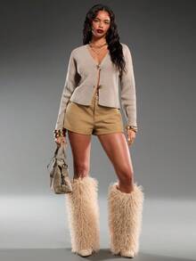 New Simple And Fashionable Office Commuting Deep V Neck Long Sleeve Slim Button Cardigan, Versatile Casual Knitted Sweater In Fall/Winter - Khaki - View 3