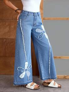 EMERY ROSE Quần jean ống rộng dáng rộng, thường ngày có túi thêu hoa dành cho nữ - Màu xanh lam - Xem 5