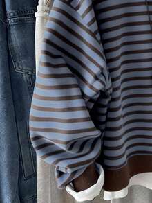 Resyla Plus Size Women Casual Striped Printed Pullover Sweatshirt, Fashion Versatile Outdoor Sporty Streetwear, Suitable For Autumn/Winter, Back To School, Teachers' Day - Multicolor - View 3