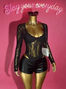 Slaydiva Spring & Summer New Year, Valentine's Day, Party, Banquet, Date, Birthday Party, College Style, Student Wear, Casual Daily Outfit, Basic Versatile, Casual, Cruise Travel, Viral Sensation, Elegant Romantic Sexy Party, Sexy, Square Neck, Lace Trim Collar, Waist Cinching, Black Lace, Sheer, Tight Bodysuit, Autumn/Winter Bodysuit, Sexy Bodysuit, Women's Bodysuit - Black - View 5