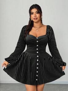 Elenzga Đầm thời trang tay đèn lồng cổ tim kẻ sọc cỡ lớn cho nữ - màu đen - Xem 5