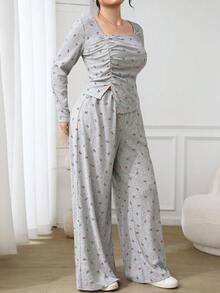 Feyla Plus Size Square Neck Long Sleeve Ruched Asymmetrical Hem Casual Comfortable 2 Pieces Set - Rust Brown - View 6