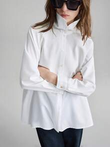 Ontre 2026春夏女式衬衫，高领侧开衩上衣，梭织面料，长袖，度假风，白色宽松版型，商务休闲通勤衬衫，适合办公室、教师、职业装、都市时尚等场合，百搭女式衬衫 - 白色 - 查看 6