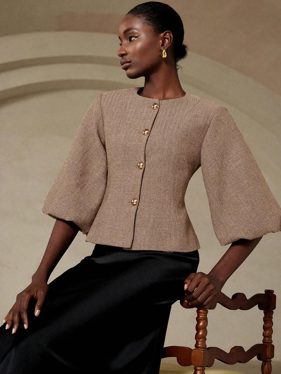 GENKIRA Elegant French Retro Romantic Luxury High-End Design Herringbone Round Neck 3/4 Petal Sleeve Cinched Waist Slim Metal Button Women's Blazer - Apricot - View 1