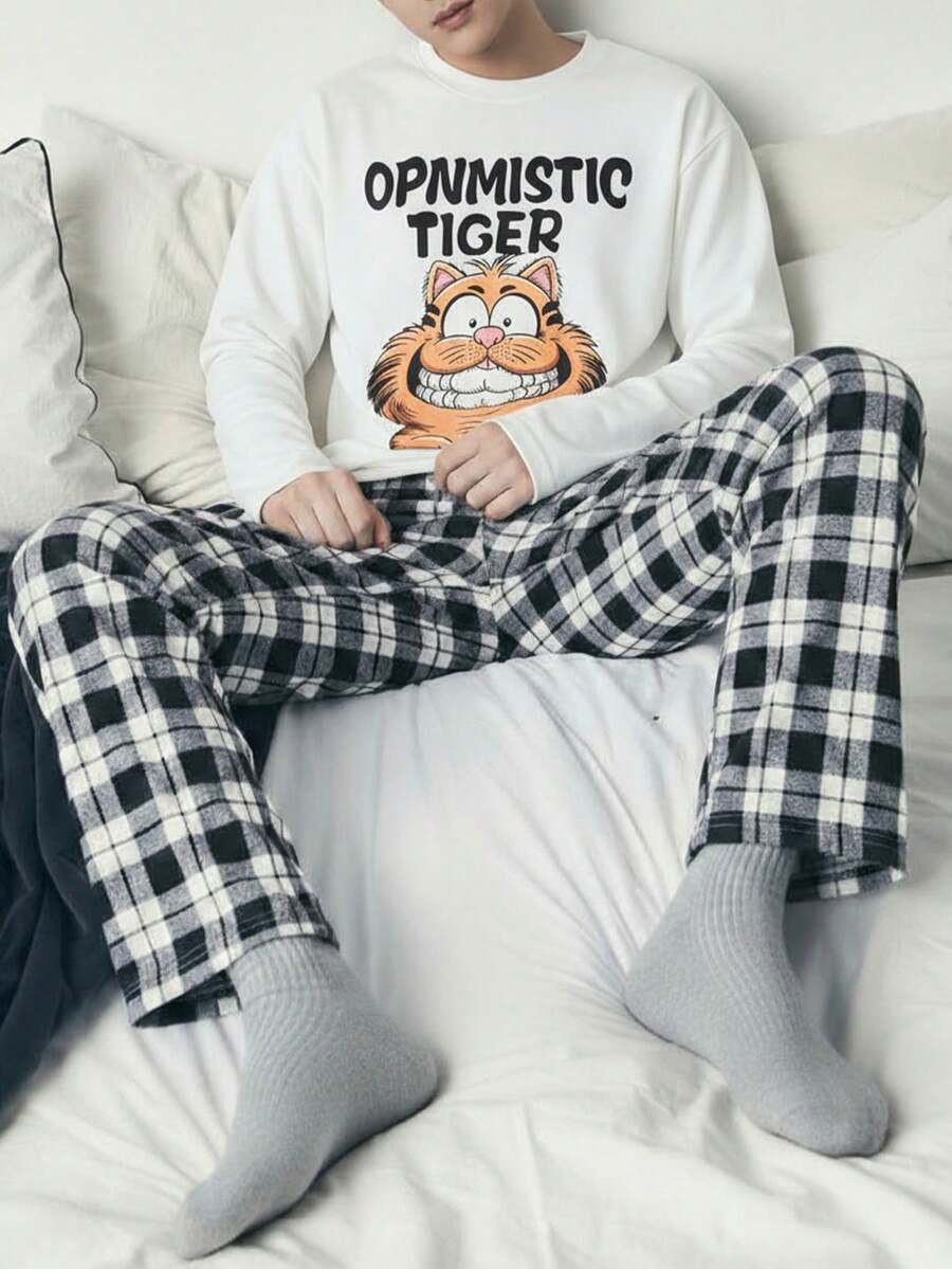 2pcs Men's Casual Loose Comfortable Plaid Pants & Letter Tiger Graphic T-Shirt Pajama Set - Black and White - View 1