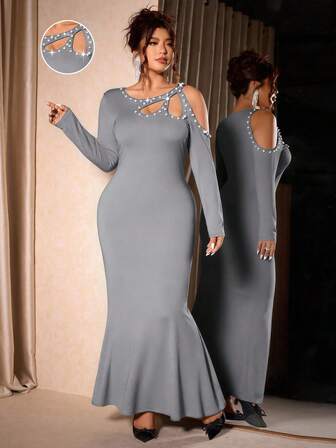 Cravure Vestido largo de manga larga con ajuste ceñido y cola de pez para mujer de talla grande, con hombros con detalles de tachuelas huecas y cuentas abullonadas, vestido de fiesta elegante y formal, vestido de noche maxi ajustado