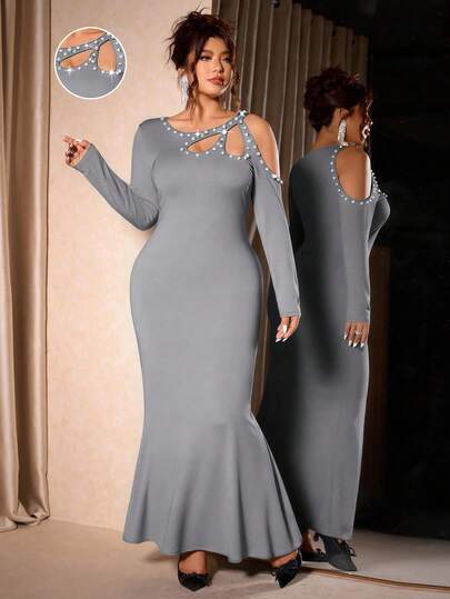 Cravure Women's Plus Size Slim-Fitting Long-Sleeved Fishtail Dress With Shoulder Features Hollow Studs And Bubble Beads Off The Shoulder Party Elegant Formal Women Dresses Evening Dress Maxi Bodycon Dress