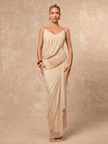 Lumalex 女士超长连衣裙，饰有褶皱网纱、垂褶细节和挂脖领口 - 杏色 - 查看 8