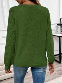 EMERY ROSE Women's Casual Hollow Out V-Neck Long Sleeve Knitted Sweater, Autumn/Winter - Army Green - View 2