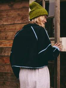 Medorelle 女士秋冬时尚短款半拉链撞色立领卫衣，宽松套头衫，女士越野骑行服，户外运动登山卫衣，新年户外，圣诞节户外。 - 黑色 - 查看 2