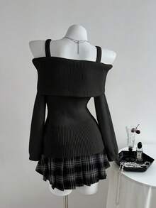 Elamini 1 Áo len hở vai trơn màu dễ thương và gợi cảm dành cho nữ - màu đen - Xem 2