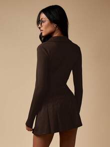 MISSGUIDED Long Sleeve Ribbed Bodysuit With Button Front Henley Neckline For Women Fall Winter - Brown - View 2