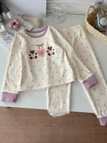 DAZY Set de 2 piezas de ropa de niña joven con cuello redondo y estampa de oso, ropa de niña joven para otoño - Beis - Ver 5