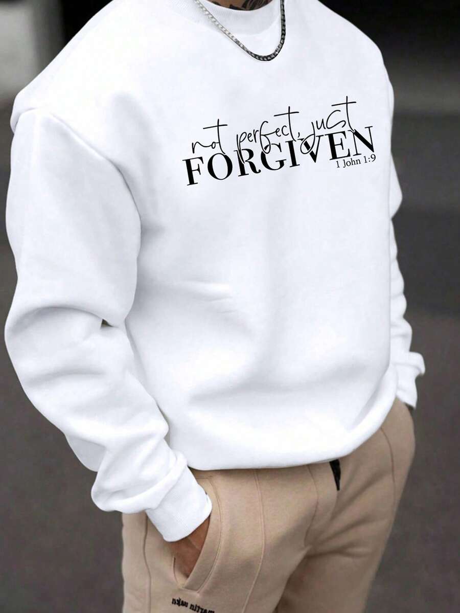 Manfinity Dauomo 男士休闲套头卫衣，经典白色圆领，英文字母印花设计，长袖，宽松版型，适合户外运动，日常穿着舒适，秋冬季款 - 白色 - 查看 1