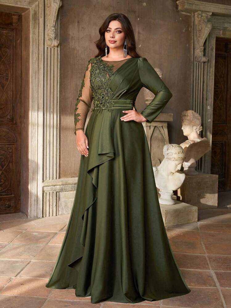 Aureia Vestido de noche maxi de línea A con cuello redondo, mangas asimétricas, lujoso parche de lentejuelas, volantes en el bajo, diseño con mucho adorno, en color verde militar elegante y romántico para tallas grandes - Verde militar - Añade 6