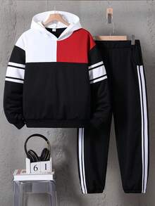 Vacaura 男童两件套套装，包括带帽拼接上衣和抽绳腰运动裤，舒适休闲百搭，适合室内外穿着，春秋季。 - 彩色 - 查看 5