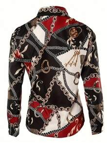 EMERY ROSE Chain Printed Button Up Front Shirt, Elegant Long Sleeved Lapel Shirt, Spring And Autumn, Women's Clothing - Multicolor - View 2