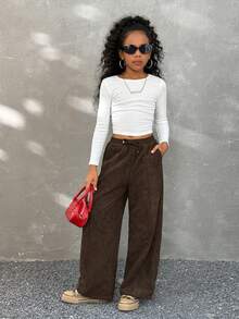 Coolane Kids Tween Girls Fall/Winter Streetwear Back To School Basic Cable-Knit Corduroy Comfortable Textured Brown Wide Leg Sweatpants, Brown Pants, Wide Leg Pants, Loose Pants, Drawstring Pants, Corduroy Pants