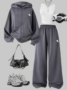 Sparklyn 3 件套女童休闲套装：带马图案的连帽拉链运动衫、白色背心和松紧腰直筒裤，秋季 - 深灰色 - 查看 1