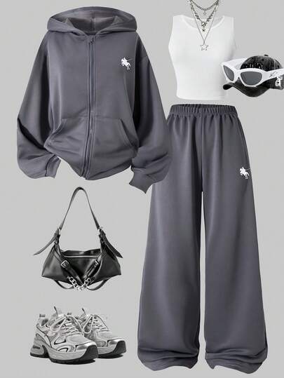 Sparklyn 3 件套女童休闲套装：带马图案的连帽拉链运动衫、白色背心和松紧腰直筒裤，秋季