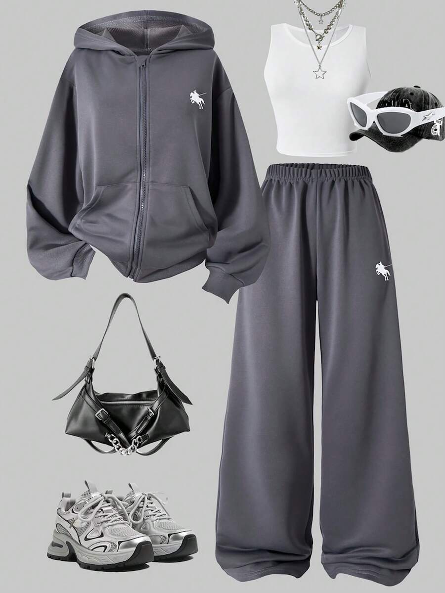 Sparklyn 3 件套女童休闲套装：带马图案的连帽拉链运动衫、白色背心和松紧腰直筒裤，秋季 - 深灰色 - 查看 1