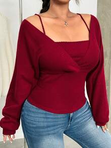 GalTyme Plus Size Christmas Burgundy Top,Autumn Smart Casual Off Shoulder Ribbed Sweater,Night Out Club Chic Elegant Red Warm Comfortable T-Shirt For Women - Red - View 6