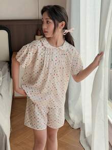 DAZY 青少年女孩休闲短袖印花家居服，简约时尚，适合日常穿着，花卉图案，女孩夏季服装，返校服装