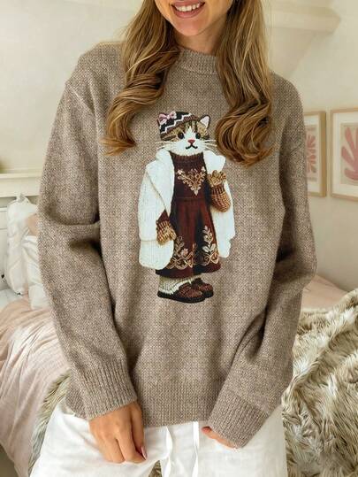 CovetEZ Suéter feminino marrom mocha com estampa de ursinho de pelúcia. O marrom mocha adiciona um charme elegante! Super favorecedor! Roupa fofa para usar em casa no Natal, perfeita para o outono/inverno. Coleção feminina confortável para o outono/inverno 2025.