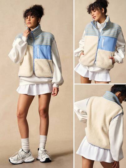 VARSIVA 女士休闲撞色拼接抓绒外套，秋冬款