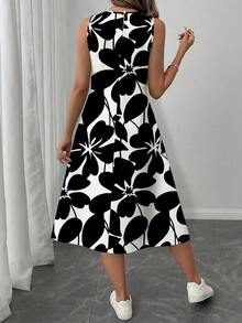 SHEIN LUNE Đầm nữ dáng lửng cổ tròn họa tiết hoa, thích hợp cho mùa xuân/hè, đầm thường ngày thanh lịch cho nữ, đầm mùa thu, đầm họa tiết đen trắng, đầm thường ngày. - Đen và trắng - Xem 2