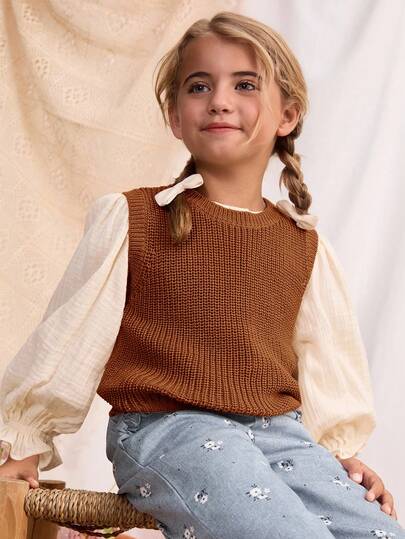 Blossori Chaleco de punto de cuello redondo elegante francés para niñas jóvenes