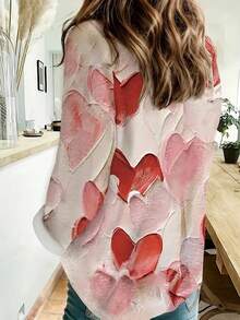 EMERY ROSE Mother's Day 3D Heart-Shaped Printed Simple Shirt, Casual Button Up Front Long Sleeved Shirt, Suitable For All Seasons, Women's Clothing - Multicolor - View 2