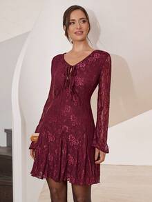 Modelyn Váy ngắn tay dài buộc dây phía trước màu trơn đơn giản dành cho nữ - Màu Đỏ Sâu - Xem 3