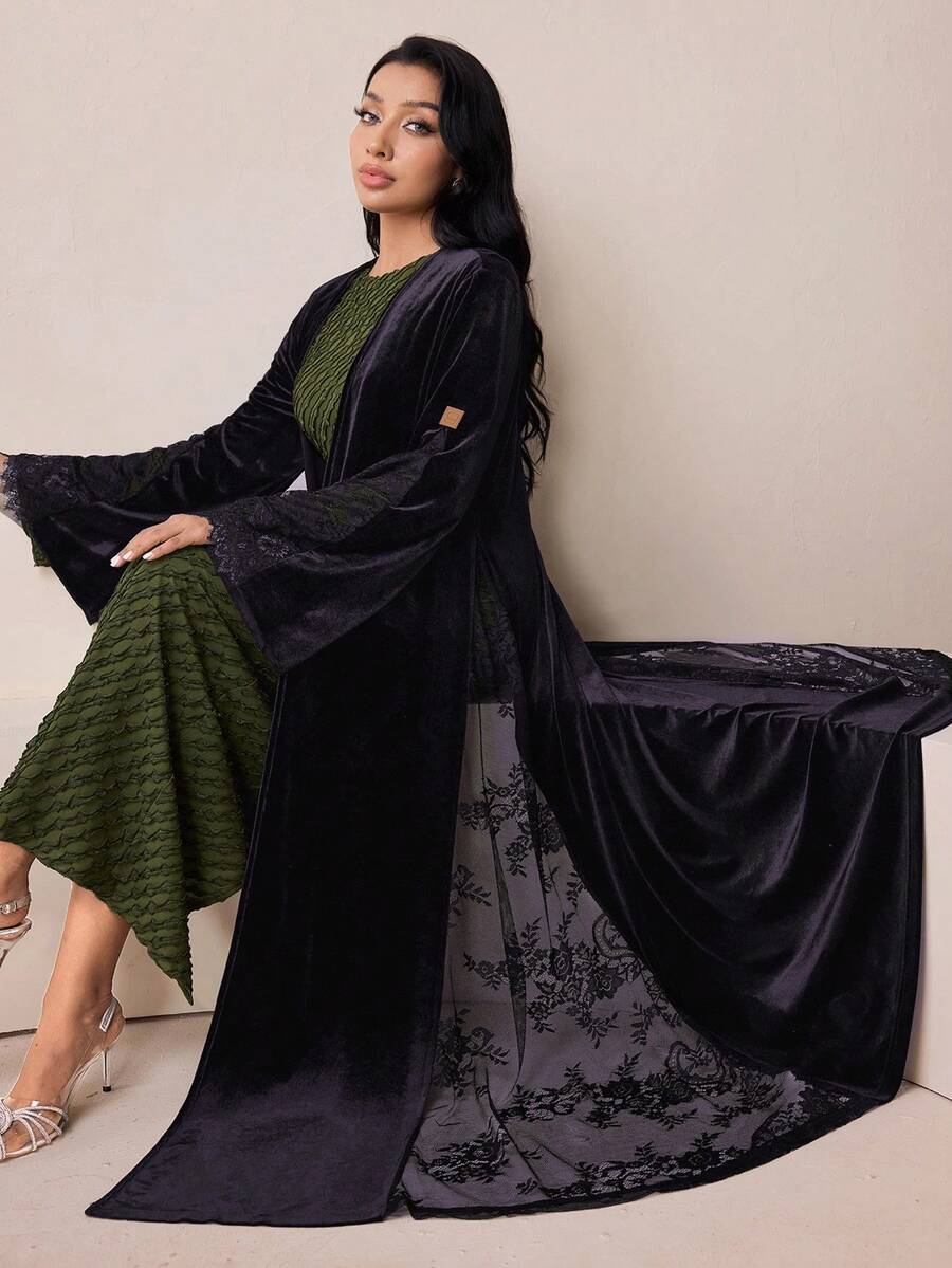 Veilorie 女士撞色蕾丝长袖优雅长袍 - 紫色 - 查看 1