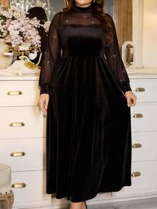 Modelyn 大码女式天鹅绒网纱拼接优雅连衣裙套装，长袖露背拉链高领时尚款 - 黑色 - 查看 3