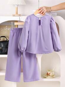 Souflis 2 peças/Conjunto Estilo Francês Vintage Menina Jovem Roxa Laço Decorativo Top + Calça Perna Larga