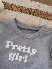 SHEIN Conjunto de sudadera de cuello redondo de manga larga con decoración de lazo rosa y pantalones de pana para bebé niña recién nacida de 0 a 3 años, conjunto de sudadera y pantalones para bebé niña de otoño/invierno, conjunto de bebé niña, ropa diaria para bebé niña - Gris Claro - Ver 5