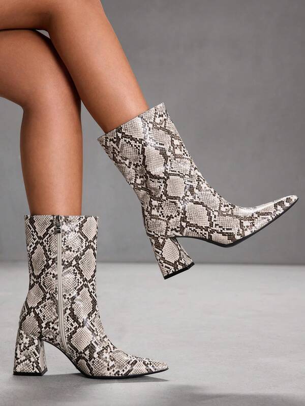 CUCCOO SZL Botas de tacón alto de puntera puntiaguda hasta la pantorrilla con estampado de piel de serpiente para mujer