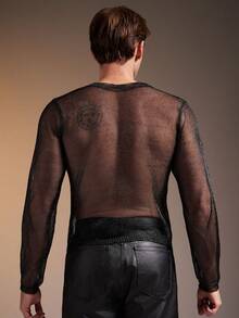 FeverCity Sexy Black Semi-Sheer Slim Fit Long Sleeve Men's Knit Top - Black - View 2