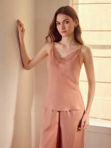 MOTF PREMIUM WOMEN'S CONTRAST LACE CAMISOLE TOP AND LOOSE WIDE LEG PANTS PAJAMA SET - Dusty Pink - View 5