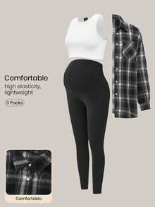 Modmama Conjunto de maternidad de 3 piezas: Camisa de manga larga a cuadros en negro y blanco, Top de camiseta blanca corta, Pantalones cortos de ciclismo, para salidas casuales en otoño - Blanco y Negro - Ver 1