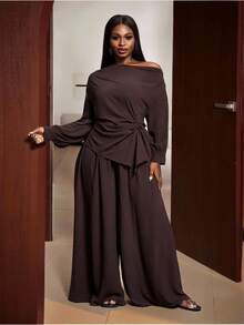 Veslaya 2025秋冬大码女装套装，优雅不对称肩部褶皱腰身长袖上衣搭配阔腿裤，适合乡村音乐会、婚礼、约会、正式场合等场合。 - 棕色 - 查看 4