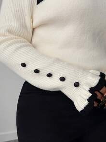 Elenzga Plus Size Women High Collar Bow Ruffle Faux Fur Knit Pullover Sweater - Beige - View 3