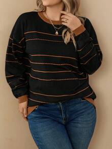 Rosumi كنزة صوفية مترهلة بياقة طاقم بلون أسود وبني وقطع ملونة وخطوط نقطية بمقاس كبير، للاستخدام في الخريف/الشتاء بشكل عادي