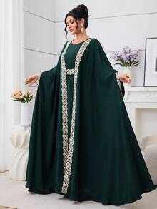 Al Najma 2025 New Muslim 2 Pieces Set, Heavily Embroidered Cardigan With Sash & Long Dress - Dark Green - View 4
