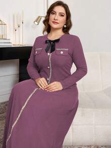 Modelyn 大码罗纹蝴蝶结装饰A字长袖休闲连衣裙，适合春秋季穿着，女士长款晚礼服 - 淡紫色 - 查看 5