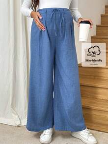 SHEIN Maternity Casual Versatile Wide-Leg Pants, Women's Wide-Leg Pants, Linen Wide-Leg Pants, Blue, Waist Tie  Women's Winter Clothes  Winter Clothing Wide Leg Pants Set Maternity 2 Piece Set Maternity Wide Leg Pants Maternity Clothes Pants Pregnancy Pants
