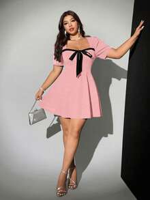 Viva Relle Đầm xòe tay ngắn cổ tim cỡ lớn cho nữ, thắt nút phía trước gợi cảm và thanh lịch - Hồng - Xem 4